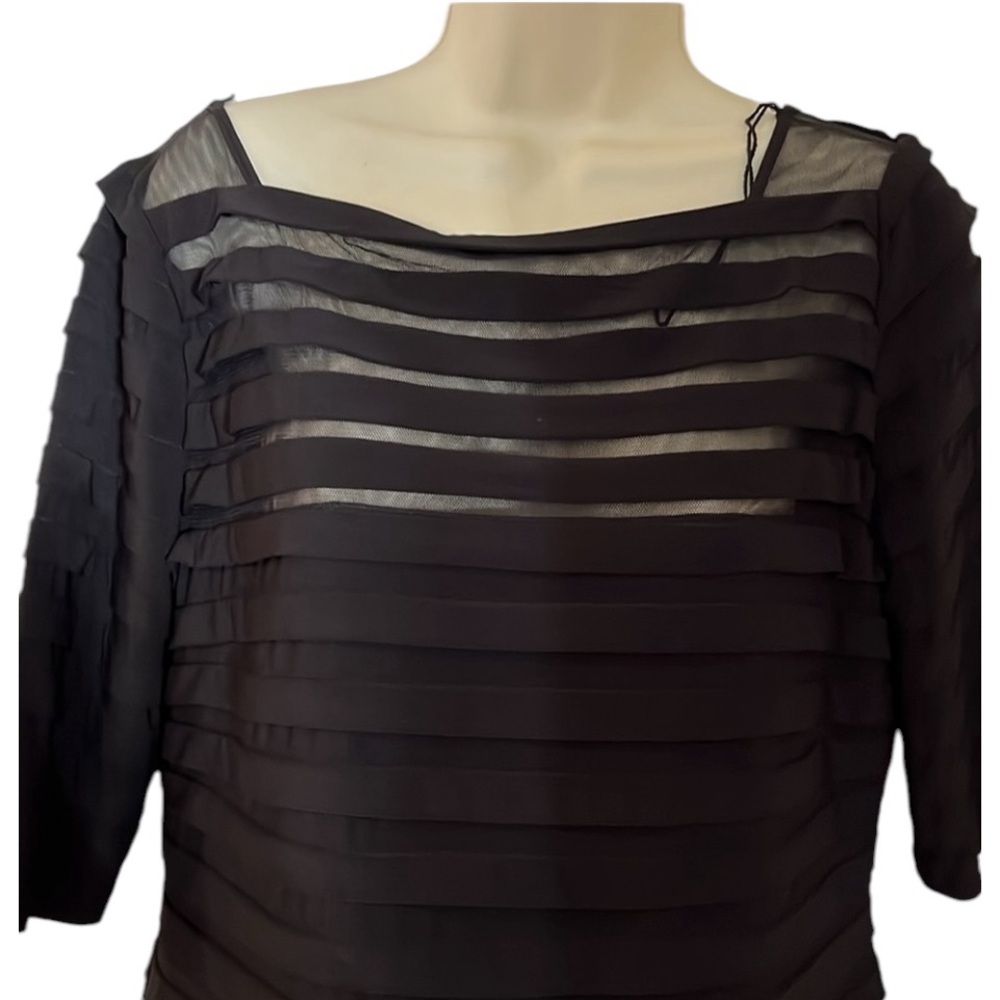 Simply Liliana size 12 black midi dress 3/4 sleeve stretch semi sheer neck